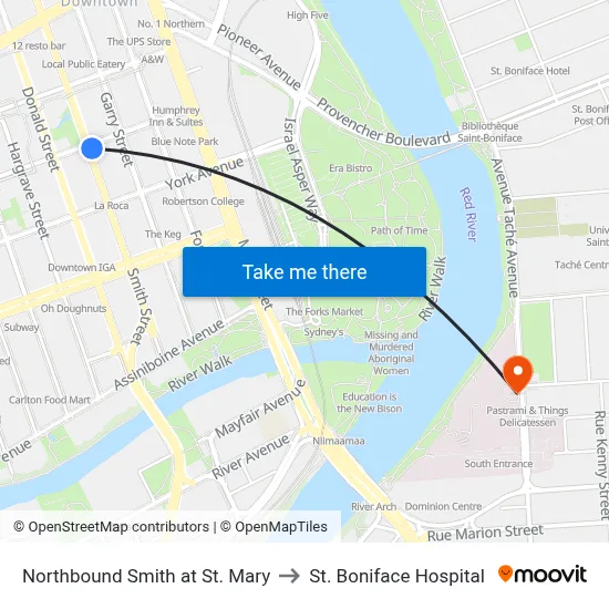 Northbound Smith at St. Mary to St. Boniface Hospital map