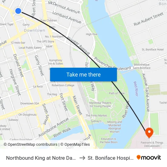Northbound King at Notre Dame to St. Boniface Hospital map