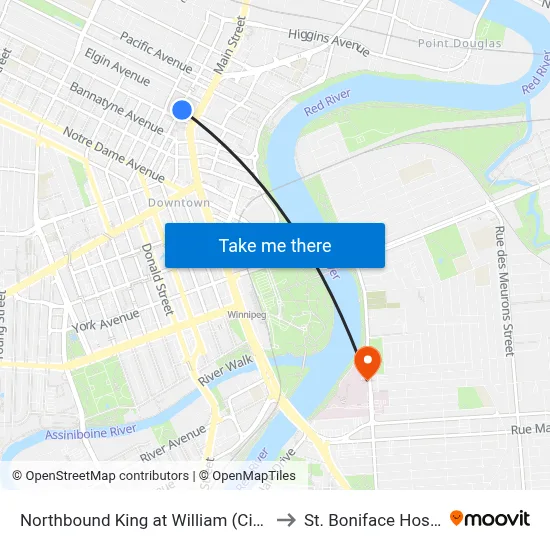 Northbound King at William (City Hall) to St. Boniface Hospital map