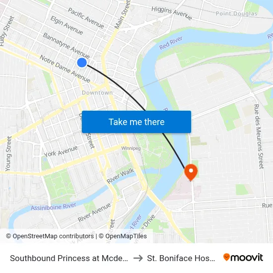 Southbound Princess at Mcdermot to St. Boniface Hospital map