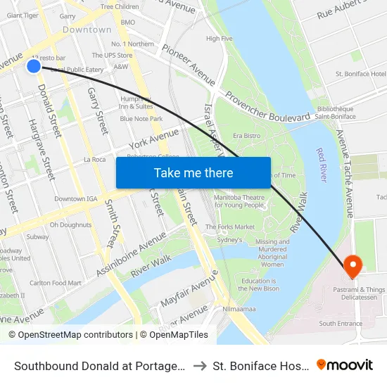 Southbound Donald at Portage South to St. Boniface Hospital map