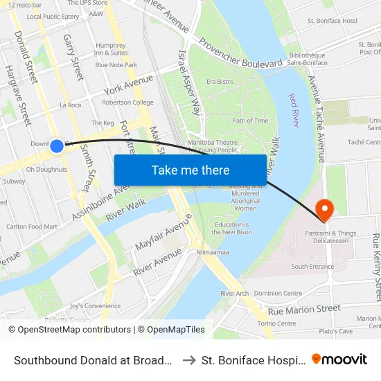 Southbound Donald at Broadway to St. Boniface Hospital map