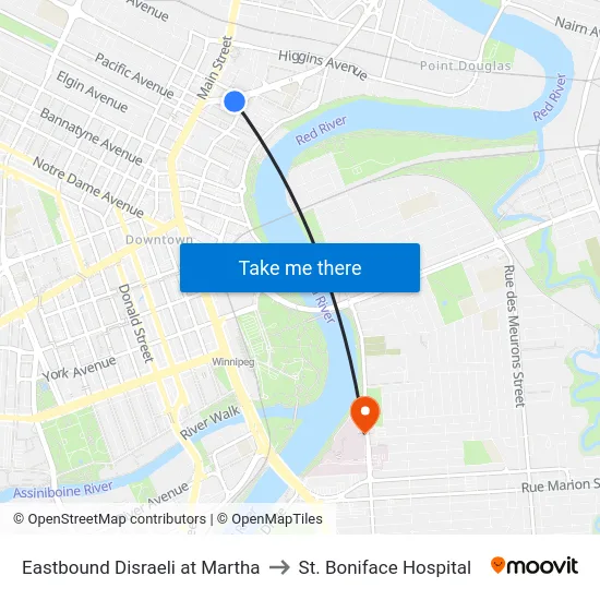 Eastbound Disraeli at Martha to St. Boniface Hospital map