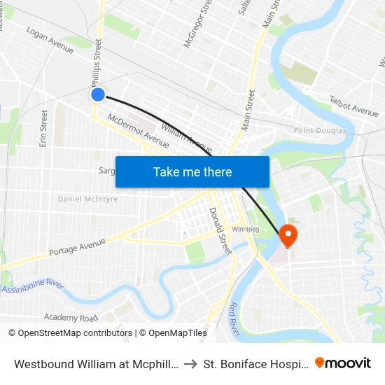 Westbound William at Mcphillips to St. Boniface Hospital map