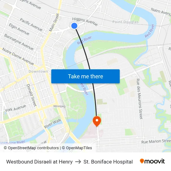 Westbound Disraeli at Henry to St. Boniface Hospital map