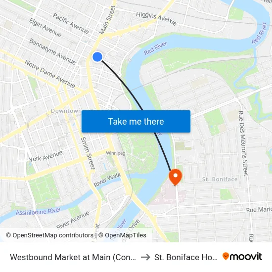 Westbound Market at Main (Concert Hall) to St. Boniface Hospital map