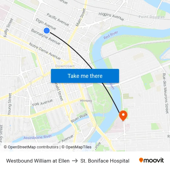 Westbound William at Ellen to St. Boniface Hospital map
