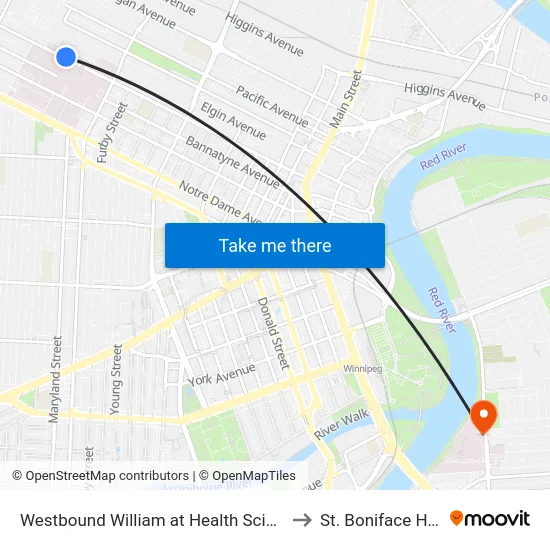 Westbound William at Health Sciences Centre to St. Boniface Hospital map