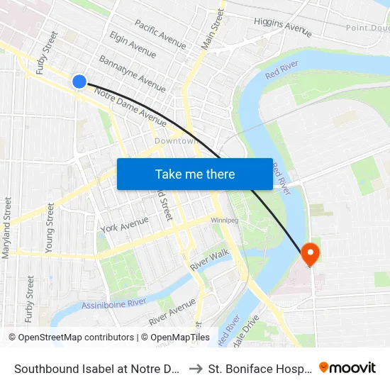 Southbound Isabel at Notre Dame to St. Boniface Hospital map