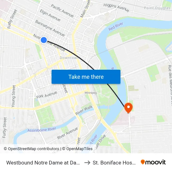 Westbound Notre Dame at Dagmar to St. Boniface Hospital map