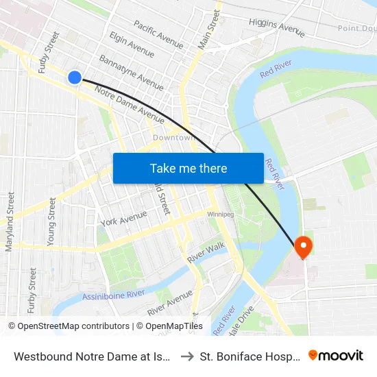 Westbound Notre Dame at Isabel to St. Boniface Hospital map