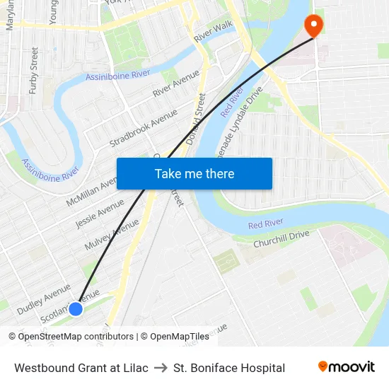 Westbound Grant at Lilac to St. Boniface Hospital map