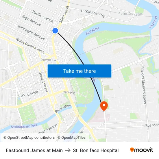 Eastbound James at Main to St. Boniface Hospital map