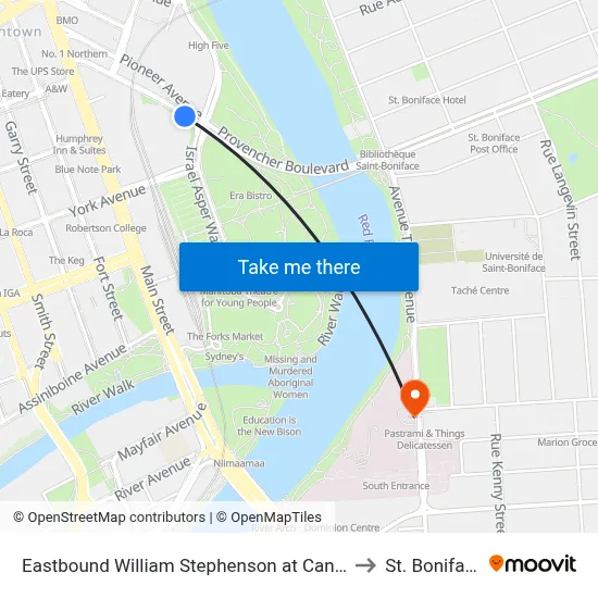 Eastbound William Stephenson at Canadian Museum For Human Rights to St. Boniface Hospital map