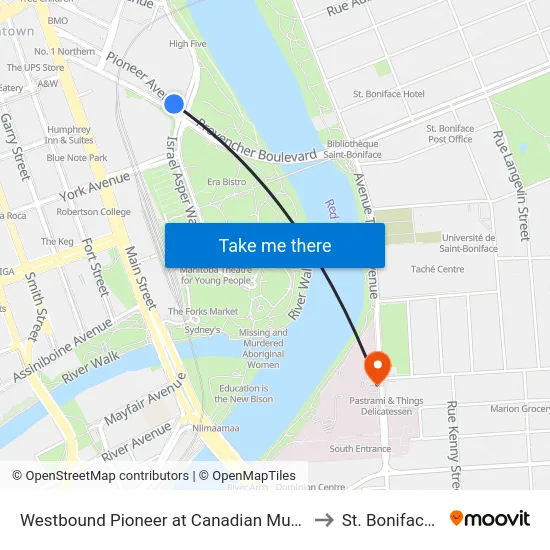 Westbound Pioneer at Canadian Museum For Human Rights to St. Boniface Hospital map