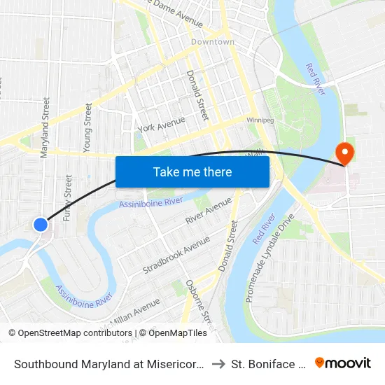 Southbound Maryland at Misericordia Health Centre to St. Boniface Hospital map