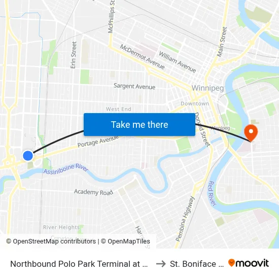 Northbound Polo Park Terminal at Polo Park Hub (D16) to St. Boniface Hospital map