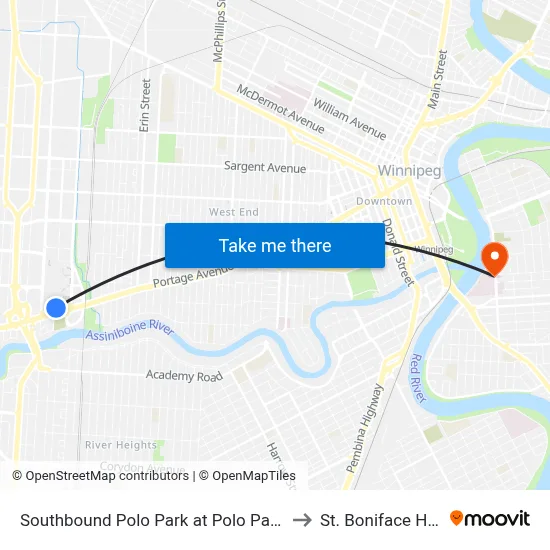 Southbound Polo Park at Polo Park Hub (680) to St. Boniface Hospital map