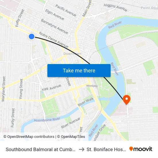 Southbound Balmoral at Cumberland to St. Boniface Hospital map