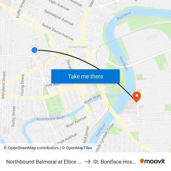 Northbound Balmoral at Ellice North to St. Boniface Hospital map