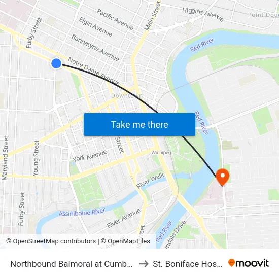 Northbound Balmoral at Cumberland to St. Boniface Hospital map