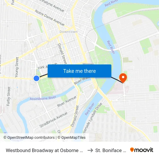 Westbound Broadway at Osborne East (Legislature) to St. Boniface Hospital map