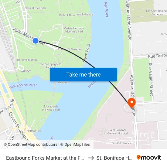Eastbound Forks Market at the Forks Market to St. Boniface Hospital map