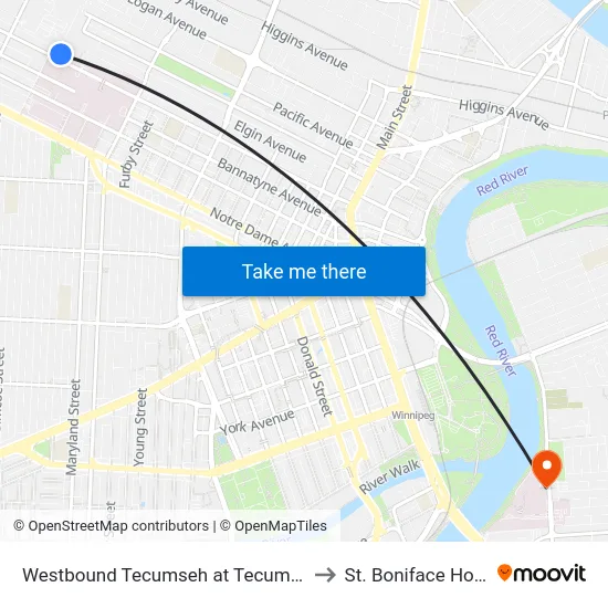 Westbound Tecumseh at Tecumseh Loop to St. Boniface Hospital map