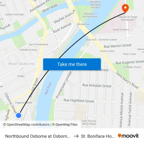 Northbound Osborne at Osborne Station to St. Boniface Hospital map