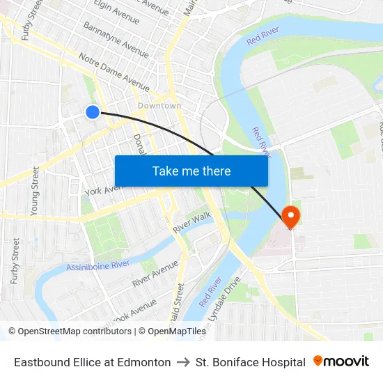 Eastbound Ellice at Edmonton to St. Boniface Hospital map