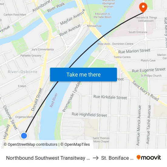 Northbound Southwest Transitway at Osborne Station to St. Boniface Hospital map