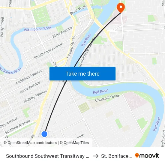 Southbound Southwest Transitway at Fort Rouge Station to St. Boniface Hospital map