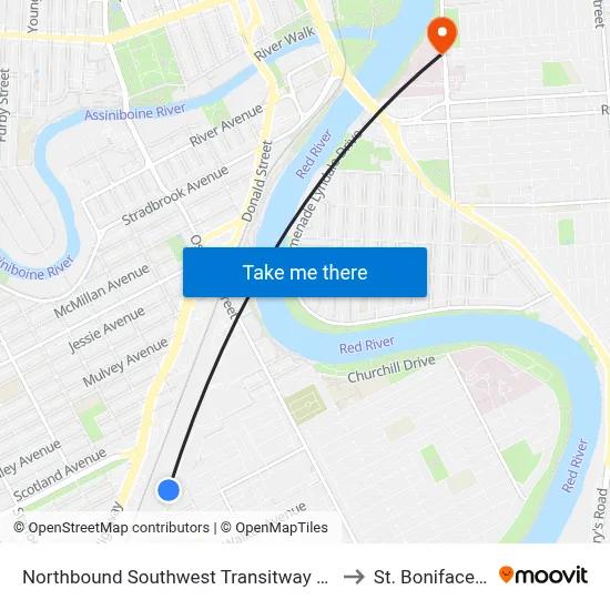 Northbound Southwest Transitway at Fort Rouge Station to St. Boniface Hospital map