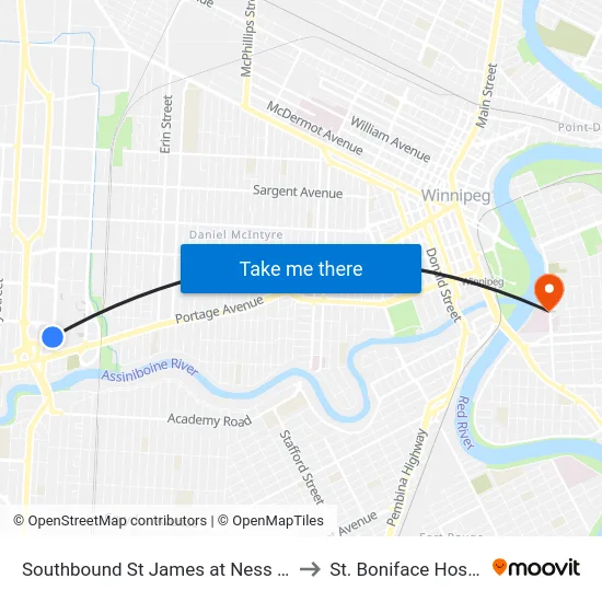 Southbound St James at Ness South to St. Boniface Hospital map