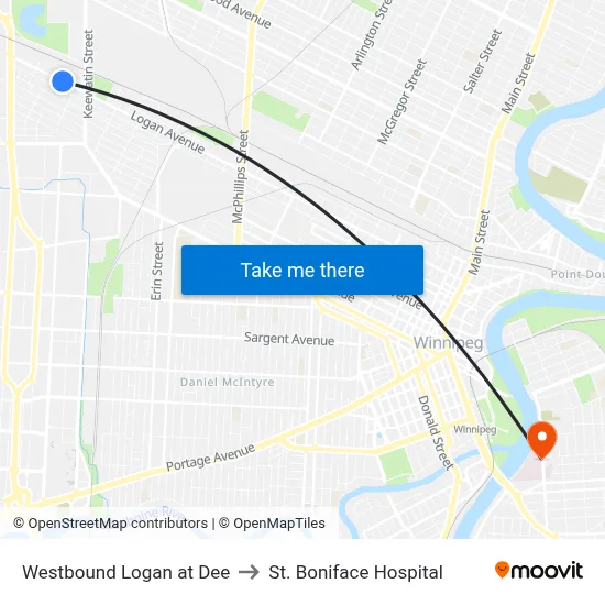 Westbound Logan at Dee to St. Boniface Hospital map