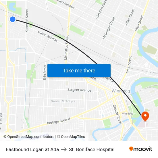 Eastbound Logan at Ada to St. Boniface Hospital map