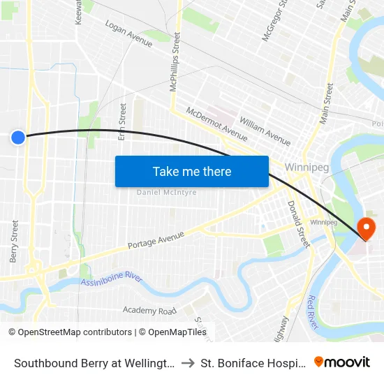 Southbound Berry at Wellington to St. Boniface Hospital map