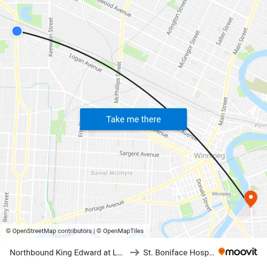 Northbound King Edward at Logan to St. Boniface Hospital map