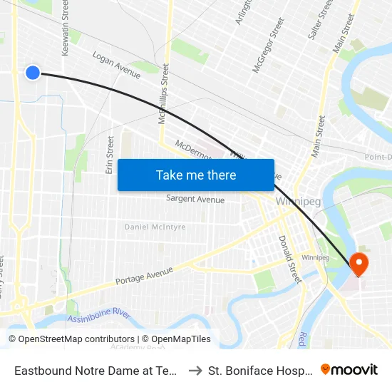 Eastbound Notre Dame at Tentler to St. Boniface Hospital map