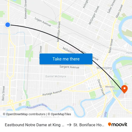 Eastbound Notre Dame at King Edward to St. Boniface Hospital map
