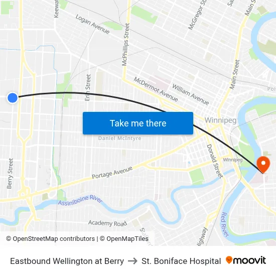 Eastbound Wellington at Berry to St. Boniface Hospital map