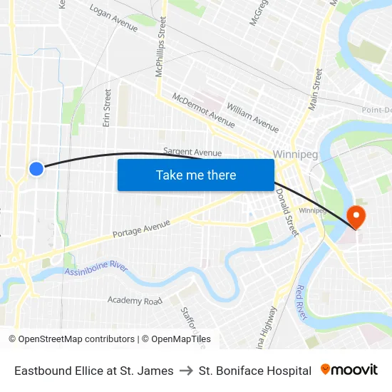 Eastbound Ellice at St. James to St. Boniface Hospital map