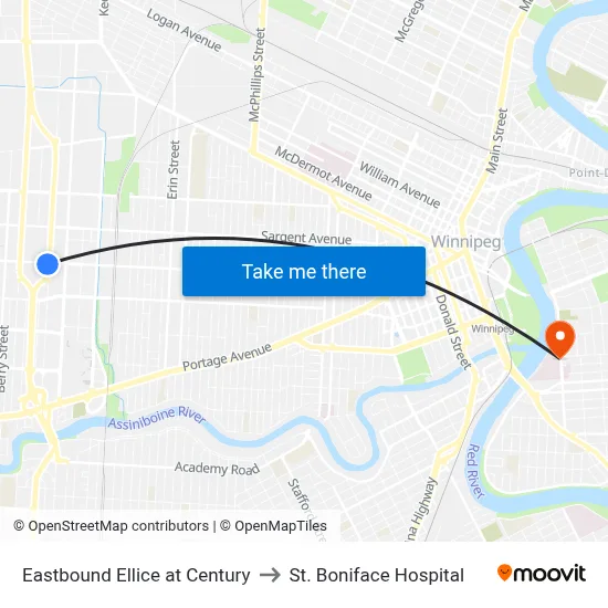 Eastbound Ellice at Century to St. Boniface Hospital map