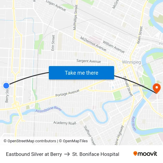 Eastbound Silver at Berry to St. Boniface Hospital map