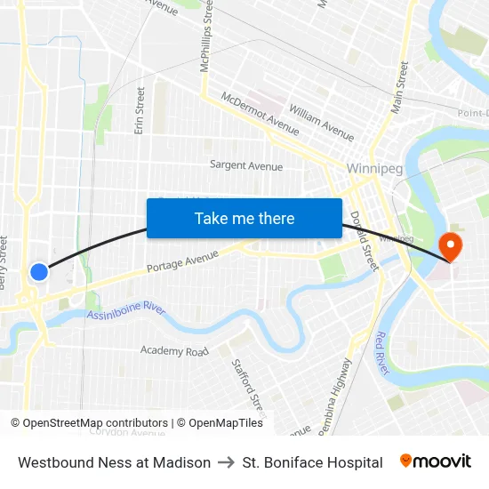 Westbound Ness at Madison to St. Boniface Hospital map