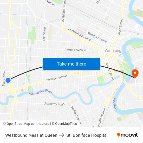 Westbound Ness at Queen to St. Boniface Hospital map
