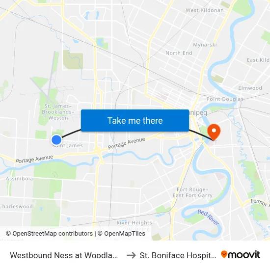 Westbound Ness at Woodlawn to St. Boniface Hospital map