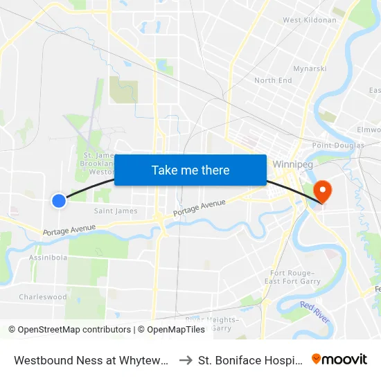 Westbound Ness at Whytewold to St. Boniface Hospital map