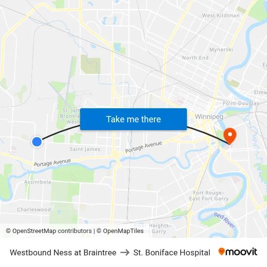 Westbound Ness at Braintree to St. Boniface Hospital map