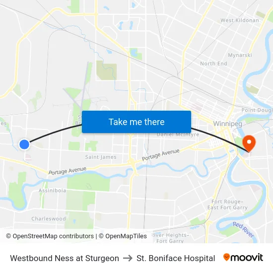 Westbound Ness at Sturgeon to St. Boniface Hospital map